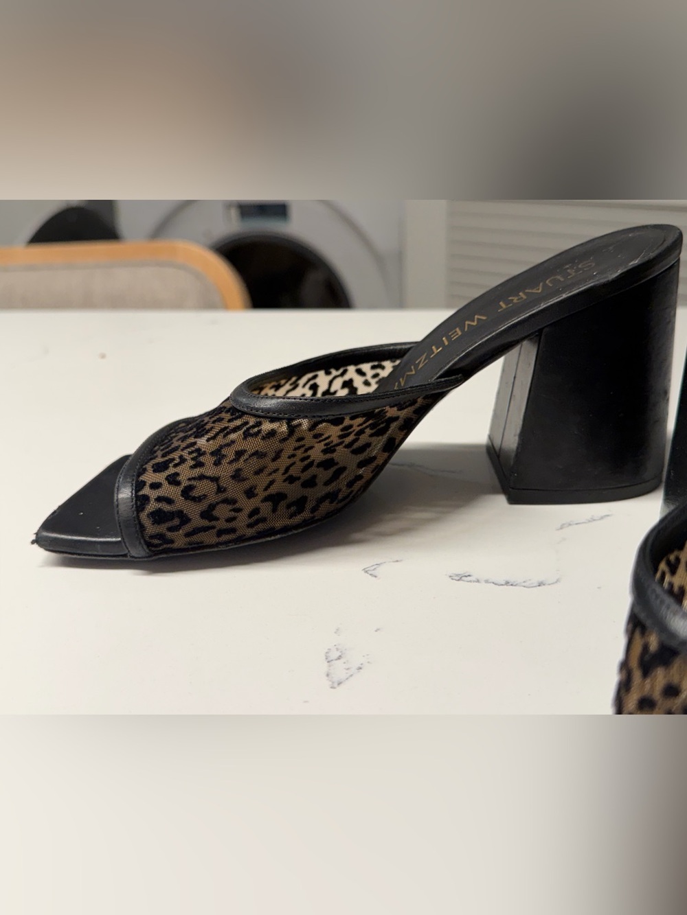 Stuart Weitzman Leopard Print Mesh Block Heel Slides - Black and Brown - Picture 2 of 3